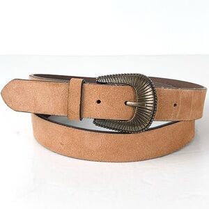 Tan suede leather belt boho belt with bronze scalloped buckle size extra large